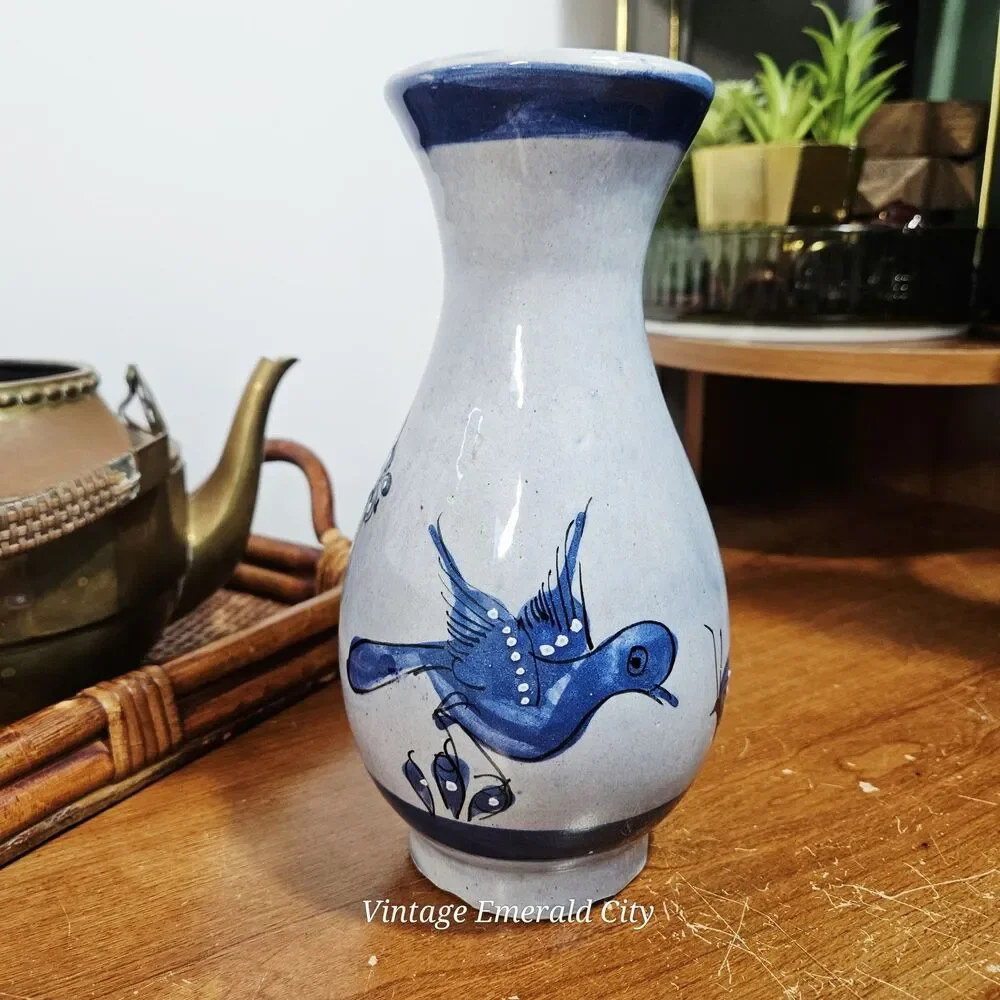 Vtg Tonalá Mexico Pottery Vase Signed AJM Hand-Painted Blue Bird Folk Art